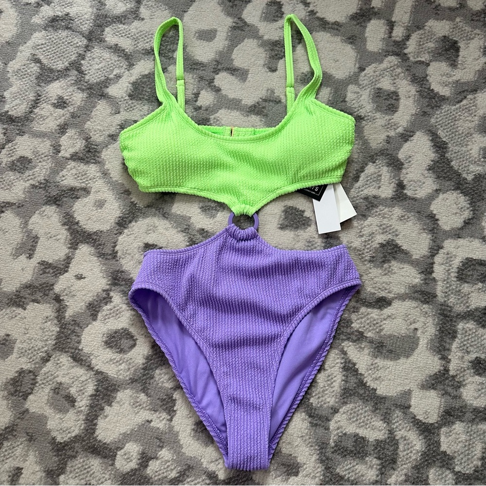 NWT Salt & Cove Small One Piece Cut Out Swimsuit Green Purple Monokini Women’s